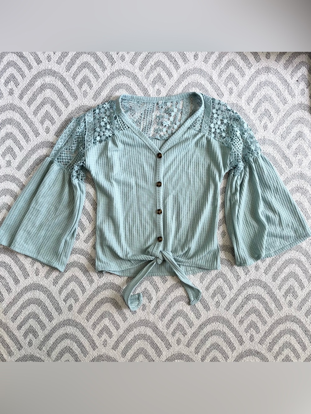 Boutique Mint Blue Waffle Knit Button Up Front Tie Blouse Small